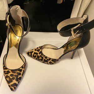 Worn Once |  Michael Kors Black with Leopard Print Brinkley Ankle-strap Pumps